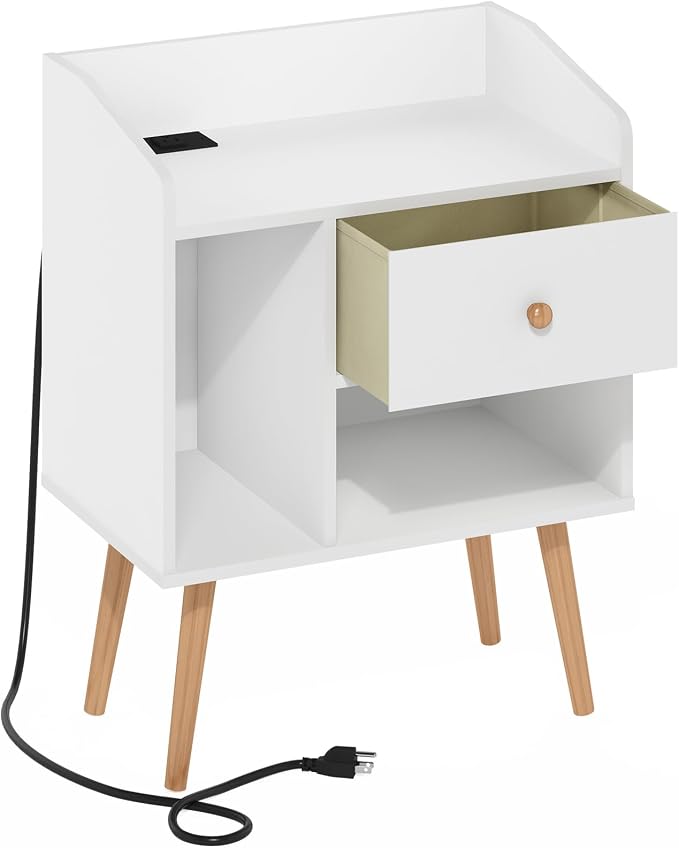 Furinno Claude Side Table, Mid Century End Table with Charging Station, Wooden Legs Night Stand, Bedside Table with USB and Type-C Port, for Living Room, Bedroom, White