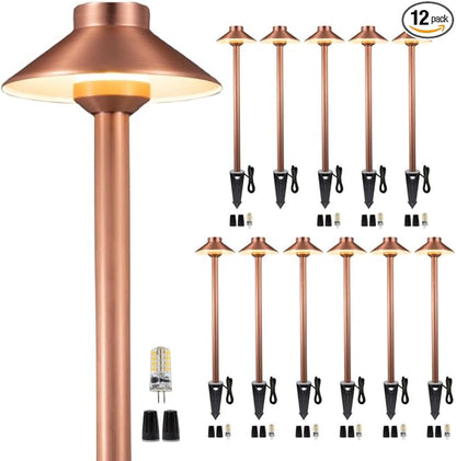 Gardenreet Waterproof Low Voltage Walkway Lights, Brass Copper Outdoor Pathway Light, IP65 LED Bronze Hat Top Sideway Lamp for Driveway Backyard Patio with 3W 270LM 5000K G4 Bulb 12 Pack