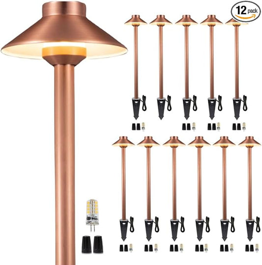 Gardenreet Waterproof Low Voltage Walkway Lights, Brass Copper Outdoor Pathway Light, IP65 LED Bronze Hat Top Sideway Lamp for Driveway Backyard Patio with 3W 270LM 5000K G4 Bulb 12 Pack