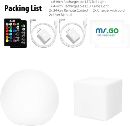 Mr.Go 6-inch LED Ball Light and 4-inch LED Cube Light Bundle, Remote Control, 16 RGB Colors 4 Modes, Dimmable, Rechargeable, Waterproof, Great as Night Light Mood Lamp Ambient Lighting Decorations