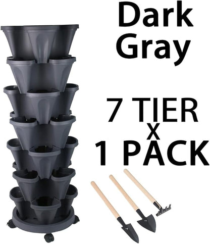 GameXcel Vertical Planter Tower- 7 Tier Stackable Garden Planter with Wheels and Tool Set – Grow Strawberries Herbs Flowers and Vegetables - Indoor Outdoor Use Dark Gray