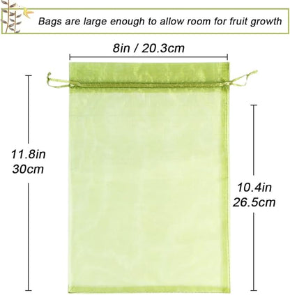 100pcs Fruit Protection Bags 8x12 inch, Green Netting Cover Bags Drawstring Mesh Fruit Protectors Pest Barrier for Grapes Mango Trees Veggies Garden