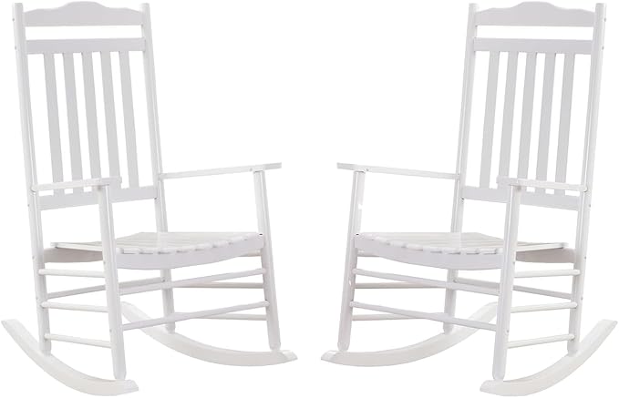 Outdoor Patio Wooden Rocking Chairs Set 2 Piece, Furniture Comfy Rockers for Adults Porch Lawn Room Outside Indoor, White