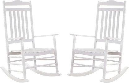 Outdoor Patio Wooden Rocking Chairs Set 2 Piece, Furniture Comfy Rockers for Adults Porch Lawn Room Outside Indoor, White