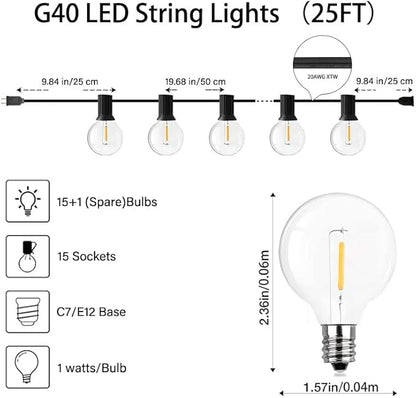25FT LED Globe String Lights,Waterproof Hanging String Light with 15 Warm White Shatterproof G40 Bulbs(1 Spare), for Indoor/Outdoor Commercial Decor (25FT)