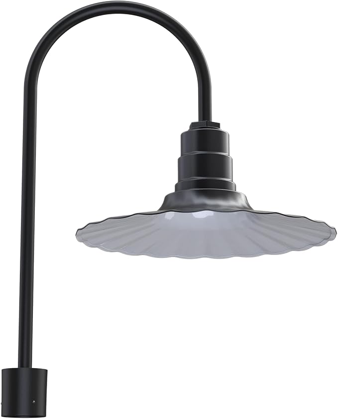 Steel Lighting Co. Highland Park Light | Pole Top Mounted | 16" Radial Wave | Upslope Gooseneck with Slip Fitter for 2-3/8" Standard Poles | Made in America | Matte Black Exterior/White Interior