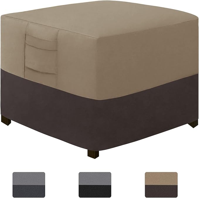 Easy-Going Outdoor Ottoman Cover, Waterproof Patio Ottoman Cover, Heavy Duty Outdoor Furniture Cover with Padded Handles (33"x33"x17", Camel/Dark Brown)