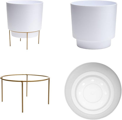 Bloem Hopson Decorative Resin Cachepot with Metal Stand, 6" Indoor and Outdoor Planter with Gold Metal Stand, White