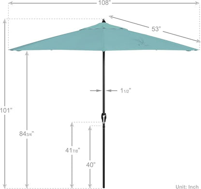 California Umbrella 9' Rd Aluminum Patio Umbrella, Crank Lift, Auto Tilt, Black Finish, Sunbrella Aruba