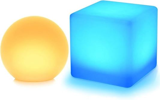 Mr.Go 14-inch LED Ball Light and 16-inch LED Cube Light Bundle, Rechargeable, Remote Control, Dimmable 16 RGB Colors 4 Modes, Waterproof, Great as Night Light Mood Lamp Ambient Lighting Decorations