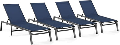 Patio Chaise Lounge Chair Set of 4, Foldable Lounge Chair for Outside, Aluminum Chairs with 5 Adjustable Backrest, Outdoor Pool Lounger for Poolside, Lawn, Deck, Navy Blue