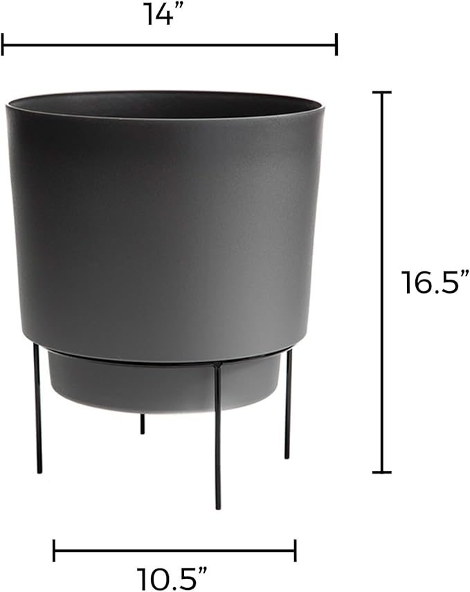 Bloem Hopson Decorative Resin Cachepot with Metal Stand, 14" Indoor and Outdoor Planter with Black Metal Stand, Charcoal