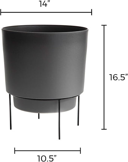 Bloem Hopson Decorative Resin Cachepot with Metal Stand, 14" Indoor and Outdoor Planter with Black Metal Stand, Charcoal
