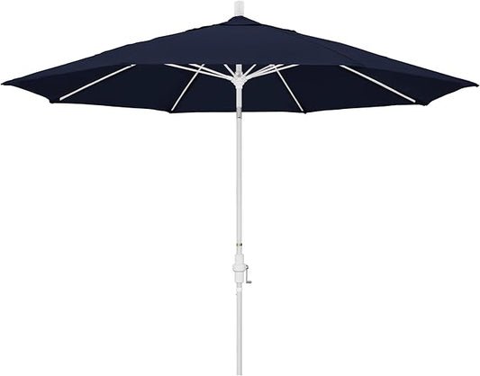 California Umbrella 11Ft Fiberglass Rib Patio Umbrella, Hand-Crank, Tilt-Collar, White Frame, Solution Dyed Navy Fabric