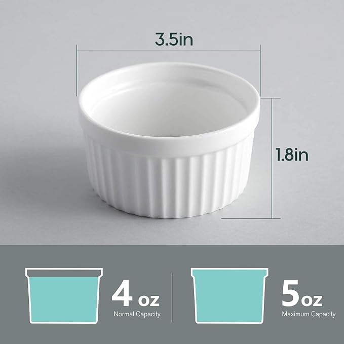 Samsle Porcelain Ramekins 4 oz Oven Safe, Small Souffle Dishes for Creme Brulee, Ice Cream, Dipping and Sauces Cup, Ceramic White Mini Baking Bowls Set of 6