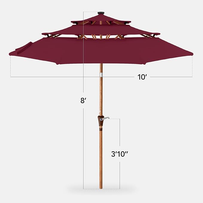 Best Choice Products 10ft 3-Tier Solar Patio Market Umbrella, Outdoor Sun Shade for Backyard, Deck, Poolside, Table w/Woodgrain Pattern, LED Lights, Tilt Adjustment - Burgundy