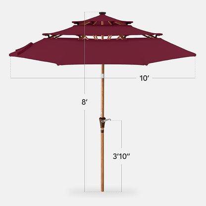 Best Choice Products 10ft 3-Tier Solar Patio Market Umbrella, Outdoor Sun Shade for Backyard, Deck, Poolside, Table w/Woodgrain Pattern, LED Lights, Tilt Adjustment - Burgundy
