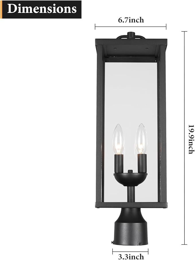 Outdoor Post Light Fixture, 20 Inch Tall Modern Exterior Square Pillar Lantern with Black Finish & Clear Glass, Transitional Pier Mount Lamp, Pole Light for Garden, Backyard, Patio, Pathway