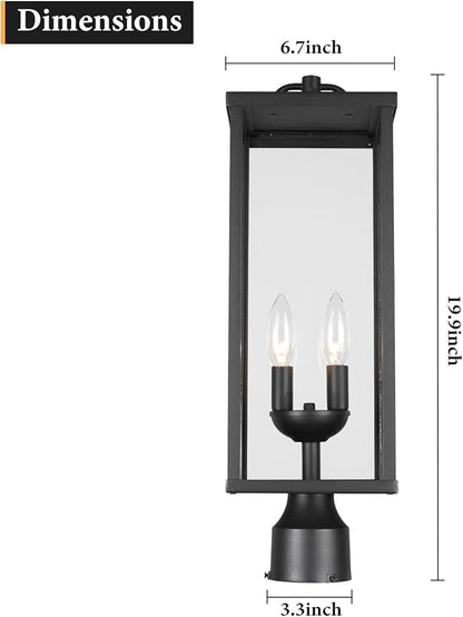 Outdoor Post Light Fixture, 20 Inch Tall Modern Exterior Square Pillar Lantern with Black Finish & Clear Glass, Transitional Pier Mount Lamp, Pole Light for Garden, Backyard, Patio, Pathway
