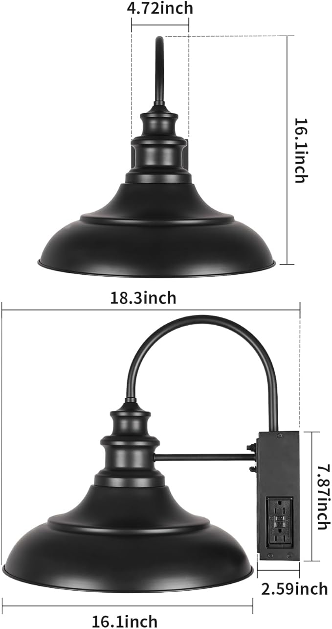 Dusk to Dawn Sensor Outdoor Barn Light with GFCI Outlet, 16 Inch Farmhouse Exterior Wall Sconce, Rustic Lighting Fixture, Industrial Wall Lantern for Garage Shed Patio, STRZ034L-W BK