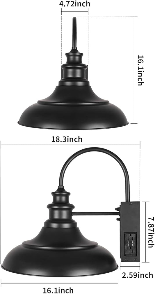 Dusk to Dawn Sensor Outdoor Barn Light with GFCI Outlet, 16 Inch Farmhouse Exterior Wall Sconce, Rustic Lighting Fixture, Industrial Wall Lantern for Garage Shed Patio, STRZ034L-W BK