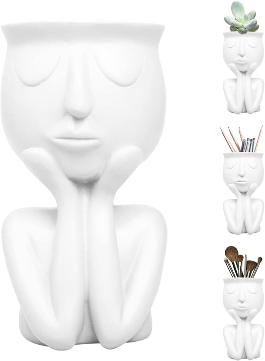 Simple and Creative Decorative Flower Pots, Resin Face Planter Pots, Vase for Small Succulent, Flower Pot Pencil Pen Holder, Minimalist Decorative, Modern Vases for Home Office Shelf Decor (White)