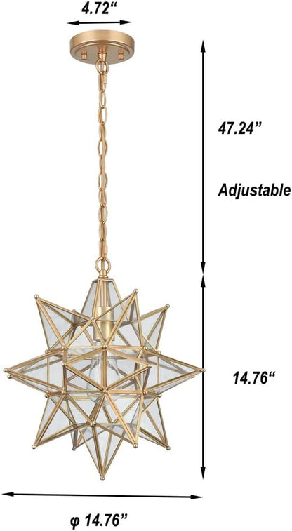 DIRYZON Modern Moravian Star Pendant Light for Kitchen Island Boho Gold Hanging Ceiling Light with Clear Glass Adjustable Chain,16 Inch