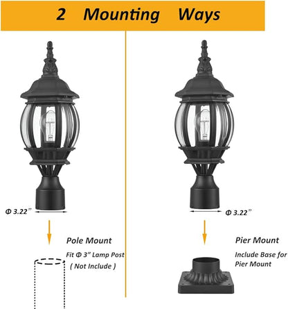 HOLKIRT Outdoor Post Light,Vintage Lamp Post Light Fixture,Waterproof Exterior Post Lantern with Pier Mount Base for Pathway Garden Post Pole Mount,Matte Black