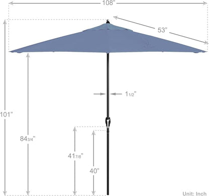 California Umbrella 9' Rd Aluminum Patio Umbrella, Crank Lift, Auto Tilt, Black Finish, Sunbrella Air Blue