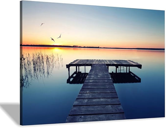 Hardy Gallery lake wall art pier picture: scenic nature canvas wall art lake scene artwork dock scenery wall decor painting - sunset landscape prints for bedroom house 45"x30"