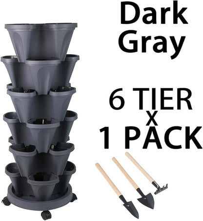GameXcel Vertical Planter Tower- 6 Tier Stackable Garden Planter with Wheels and Tool Set – Grow Strawberries Herbs Flowers and Vegetables - Indoor Outdoor Use Dark Gray