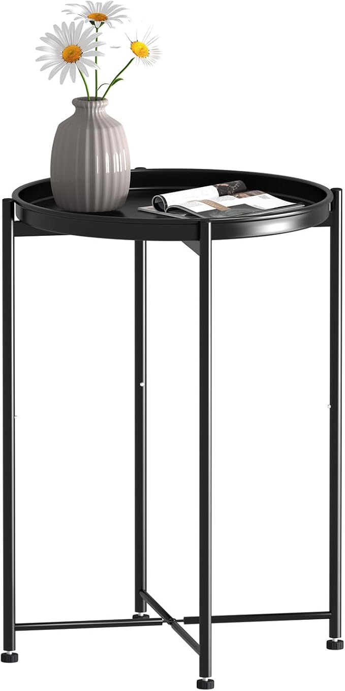 Garden 4 you Small Side Table, Mini Round End Table, Tray Table with Metal Frame, Modern Nightstand for Living Room, Bedroom, Patio, Small Space, Black