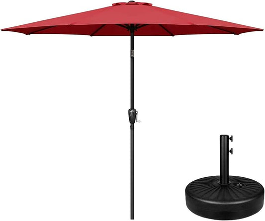 Simple Deluxe LGBRLA9REDBASERV1 9ft Market Table Patio Umbrella with Button Tilt, 8 Sturdy Ribs, 20" Round Water Filled Base Stand Included for Outdoor, Lawn, Garden, Backyard, Pool, Red