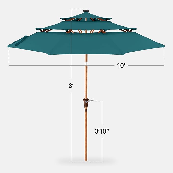 Best Choice Products 10ft 3-Tier Solar Patio Market Umbrella, Outdoor Sun Shade for Backyard, Deck, Poolside, Table w/Woodgrain Pattern, LED Lights, Tilt Adjustment - Cerulean