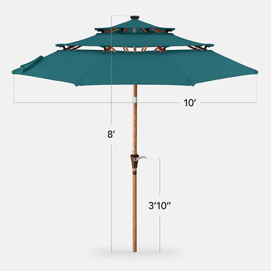 Best Choice Products 10ft 3-Tier Solar Patio Market Umbrella, Outdoor Sun Shade for Backyard, Deck, Poolside, Table w/Woodgrain Pattern, LED Lights, Tilt Adjustment - Cerulean
