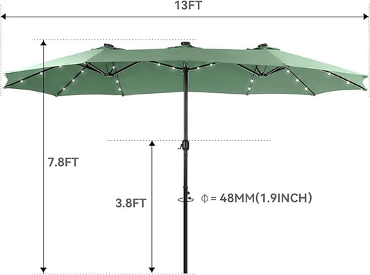 GREEN PARTY 15 ft Rectangle Patio Umbrella with Solar Lights and Base Included, Double-Sided Market Table Umbrella with Crank, Large Outdoor Umbrellas for Patio Poolside Garden Backyard, Mint Green