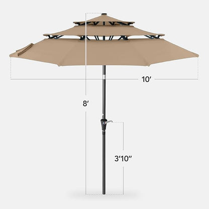 Best Choice Products 10ft 3-Tier Market Patio Umbrella, Outdoor Sun Shade with Tilt, Crank Lift, 8 Ribs for Backyard, Deck, Poolside – Tan
