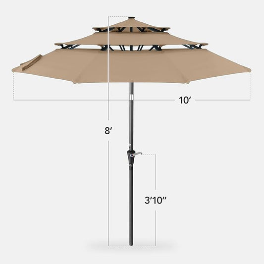 Best Choice Products 10ft 3-Tier Market Patio Umbrella, Outdoor Sun Shade with Tilt, Crank Lift, 8 Ribs for Backyard, Deck, Poolside – Tan