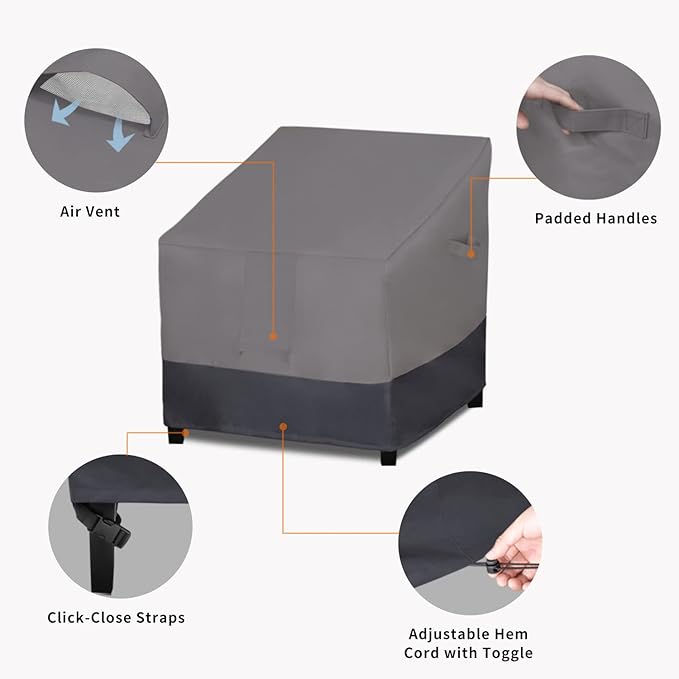 Easy-Going Outdoor Chair Cover Waterproof, Heavy Duty Patio Chair Cover, Windproof Outdoor Furniture Cover with Air Vent (2 Pack-33.5Wx31.5Dx36H inch, Gray/Dark Gray)
