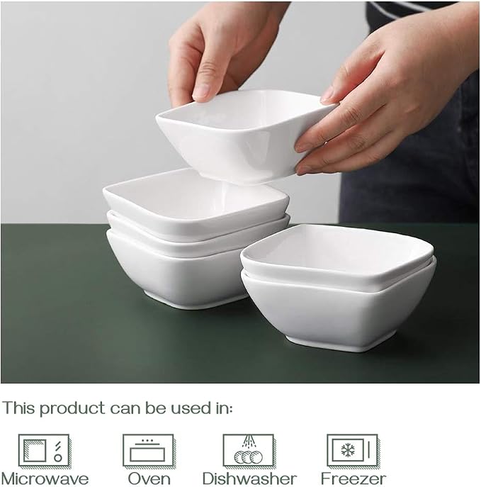 DOWAN Ramekins 8 oz Oven Safe, Creme Brulee Ramekin, Semi-Square Dessert Bowls, Small Serving Bowls, Porcelain Sauce Souffle Dishes, Dipping Custard Cups, Set of 6, Soft White
