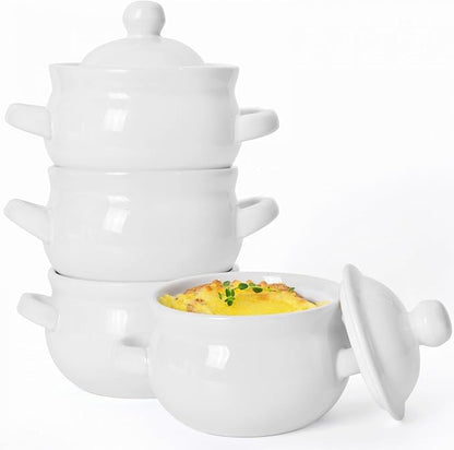 Vumdua French Onion Soup Bowls with Handles and Lids, 16 oz Ceramic Soup Crocks Oven Safe for Chilli, Cereal, Pot Pies, Microwave & Dishwasher Safe, Set of 4, White