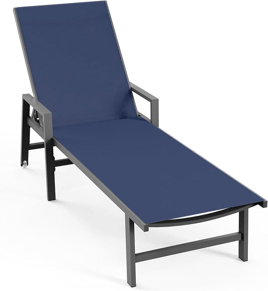 Vexwalx Patio Chaise Lounge Chair Outdoor with Wheels&Armrests, Aluminum Pool Lounge Chairs 5-Position Adjustable Recliner, Outdoor Beach Lounge Chairs for Outside, Patio, Deck, Yard, Navy Blue
