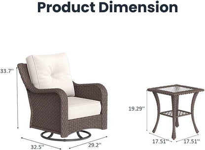 3 Pieces Outdoor Patio Furniture Sets with Rocking Swivel Chairs with 6-inch Thick Cushion and Side Table for Deck Lawn
