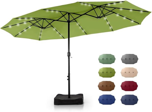 GREEN PARTY 15 ft Rectangle Patio Umbrella with Solar Lights and Base Included, Double-Sided Market Table Umbrella with Crank, Large Outdoor Umbrellas for Patio Poolside Garden Backyard, Lime Green