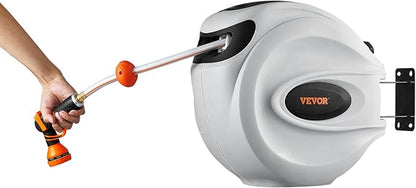 VEVOR Retractable Hose Reel, 130 ft x 1/2 inch, Garden Water Hose Reel with 9-Pattern Nozzle, 180° Swivel Bracket Wall-Mounted, Automatic Rewind, Lock at Any Length, with Slow Return System