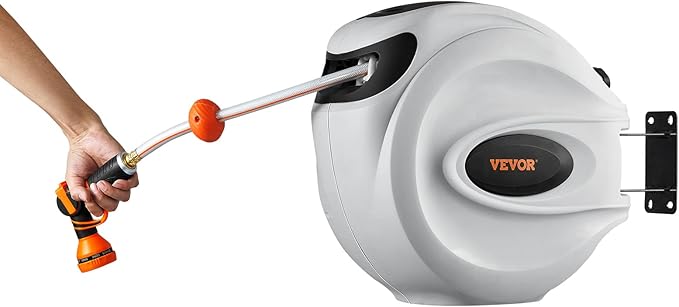 VEVOR Retractable Hose Reel, 100 ft x 1/2 inch, Garden Water Hose Reel with 9-Pattern Nozzle, 180° Swivel Bracket Wall-Mounted, Automatic Rewind, Lock at Any Length, with Slow Return System