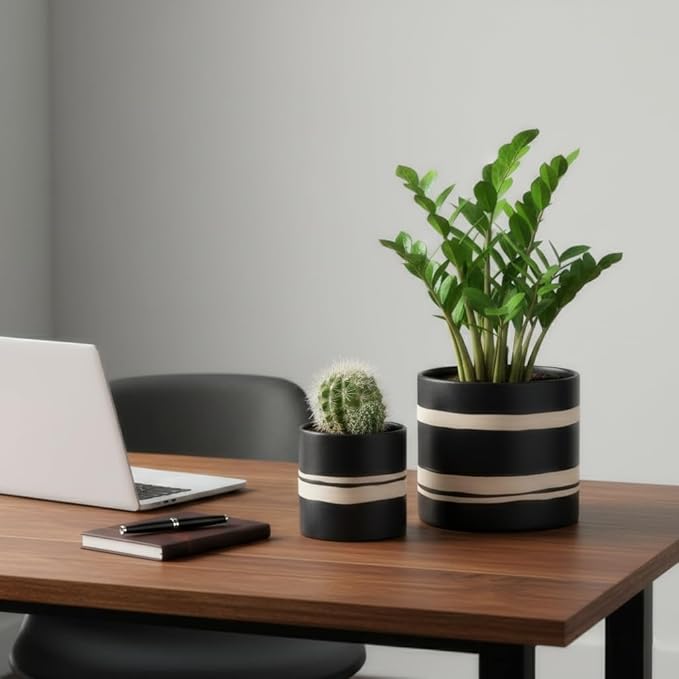 Nihow Modern Ceramic Plant Pot - 5 + 7 Inch Flower Pot for All Indoor Plants - Sturdy Planter Pots with Drainage Hole & Rubber Plugs - Semi-Matte Black & Nature - Plants Not Included