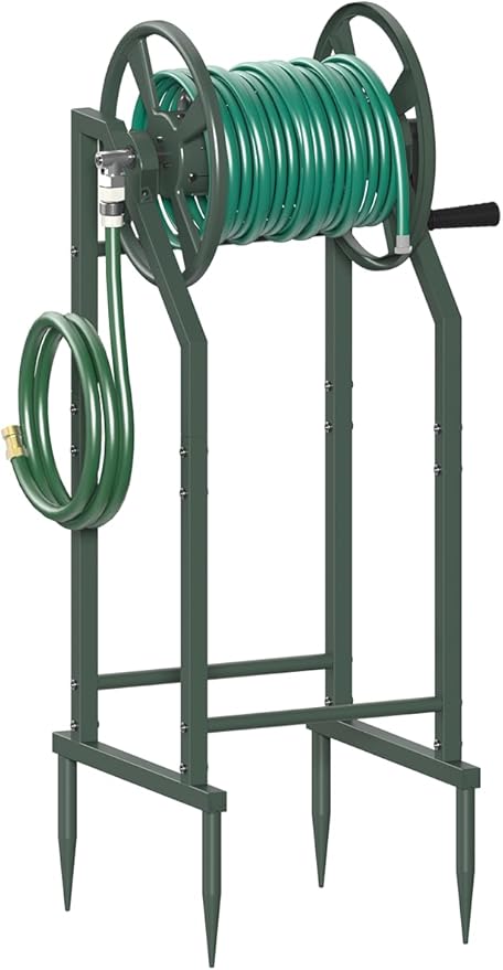 4-Spike Garden Hose Reel with 3.9ft Leader Hose & Stainless Fitting, Outdoor Hose Holder holds 125ft Hose of 5/8", Freestanding Metal Hose Stand for Outside Yard Lawn, Green