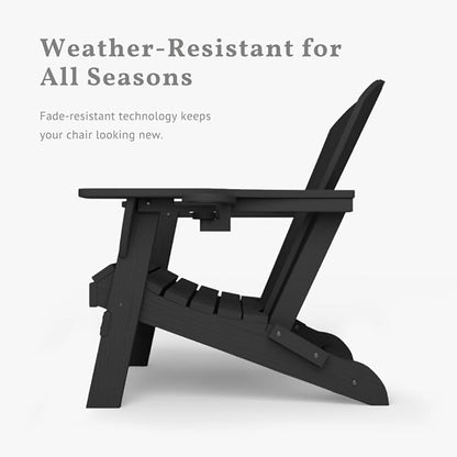 Folding Adirondack Chairs with Cup Holders, Set of 4 HDPE Plastic Outdoor Chairs, Weather Resistant, Real Wood Look, Heavy-Duty Patio Furniture for Deck, Fire Pit, Backyard, Black