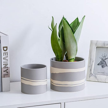 Nihow Modern Ceramic Plant Pot - 5 + 7 Inch Flower Pot for All Indoor Plants - Sturdy Planter Pots with Drainage Hole & Rubber Plugs - Semi-Matte Gray & Nature - Plants Not Included